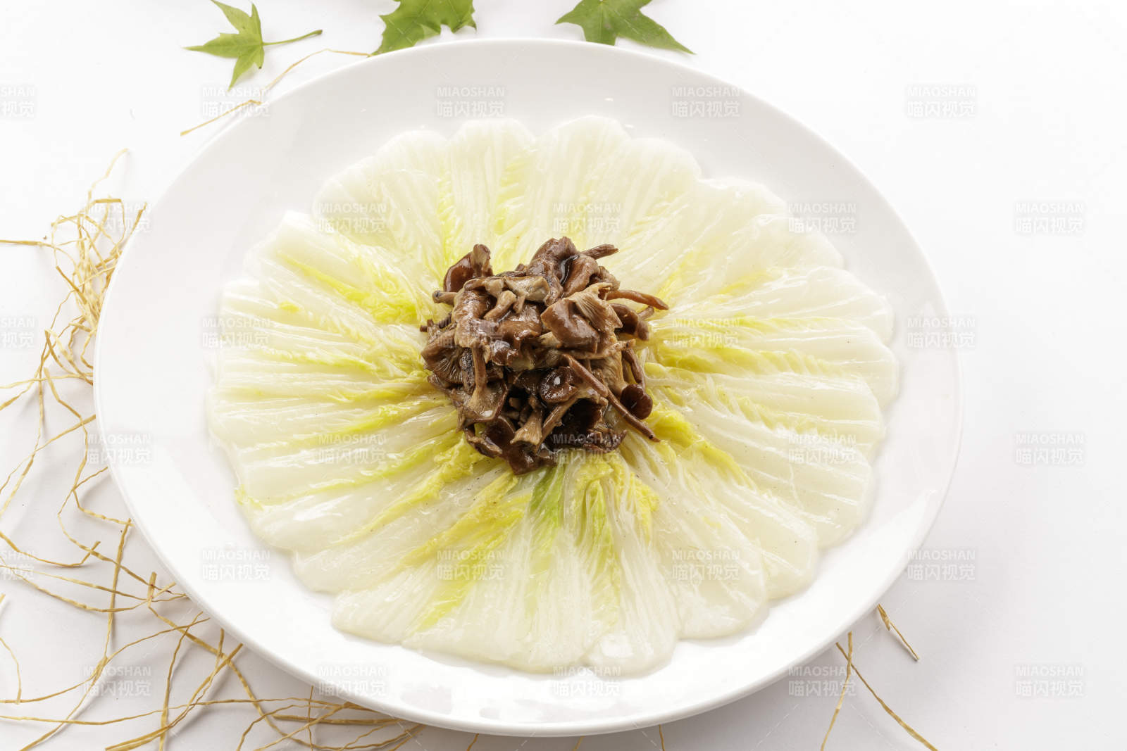 松菇白玉娃娃菜摆放在白色背景上图片