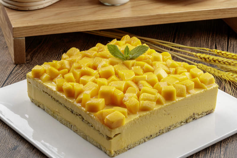 芒果奶油三层蛋糕摆放在木纹底板上图片