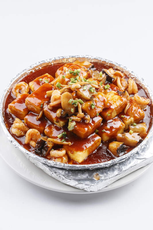 铁板虾仁茄丁白玉菇醸内酯豆腐图片