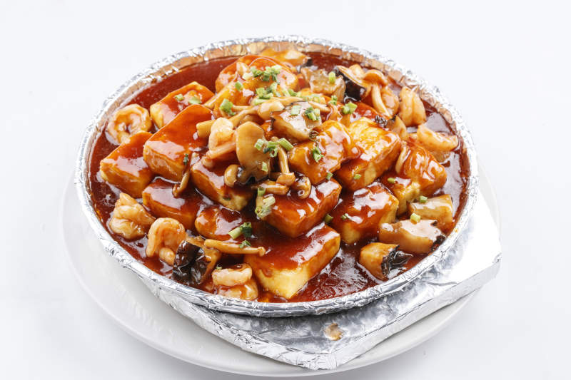 铁板虾仁茄丁白玉菇醸内酯豆腐图片