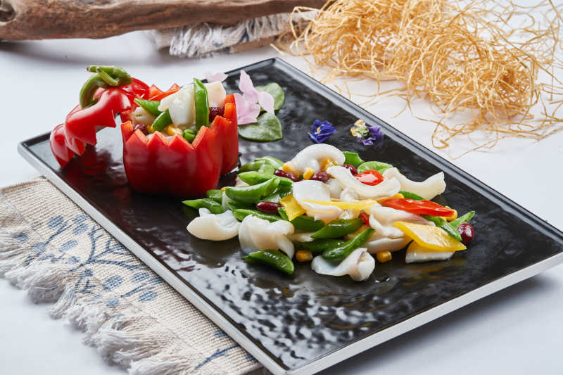 彩椒红豆玉米炒螺片图片