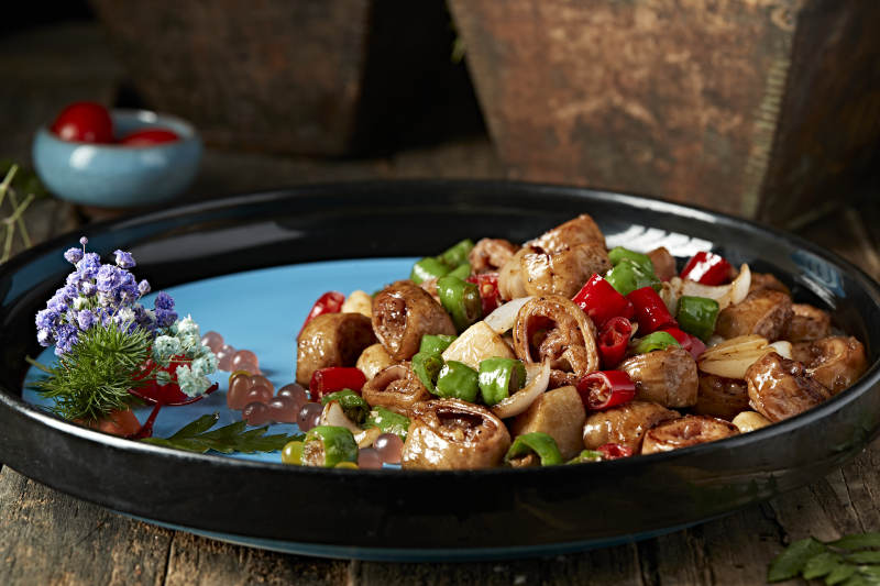 双椒蒜香焗肥肠图片