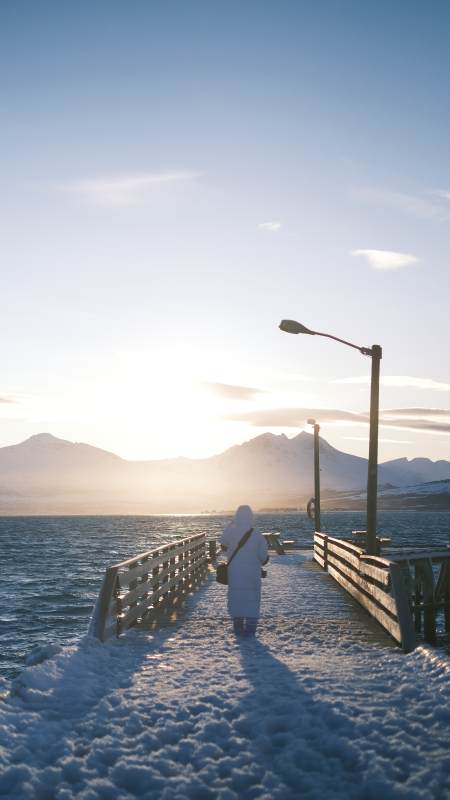 雪桥远眺日出山孤独背影图片