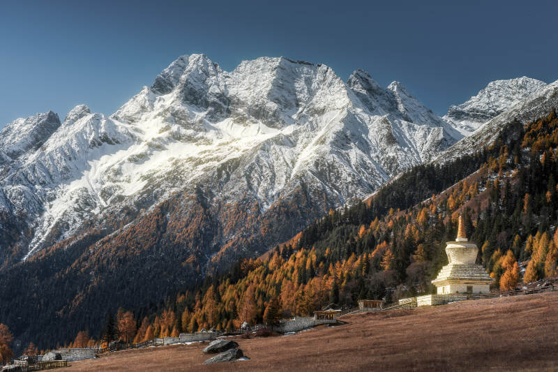 四川双桥沟雪山秋林佛塔图片