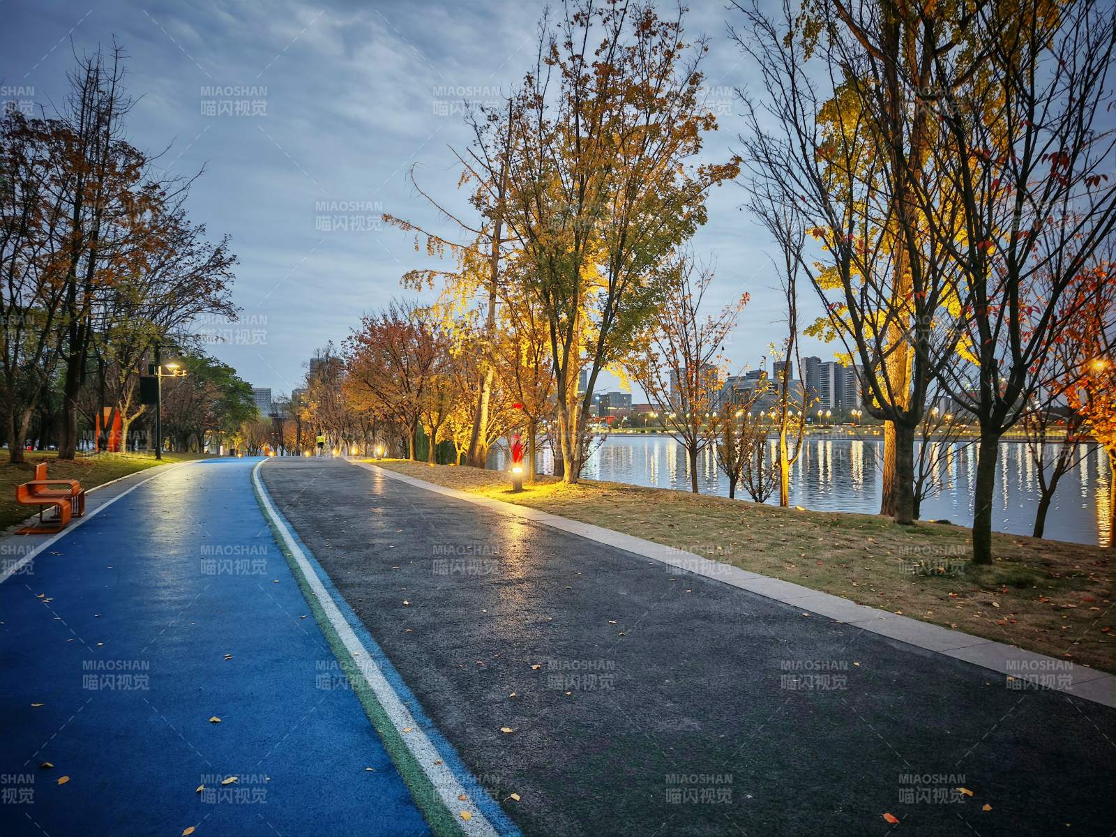 湖畔秋夜步道图片