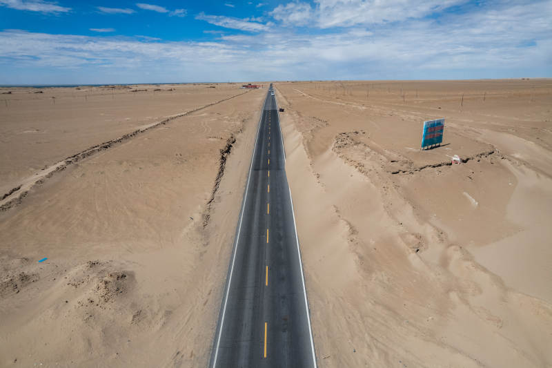 西北戈壁荒漠笔直公路延伸到远方地平线航拍图片