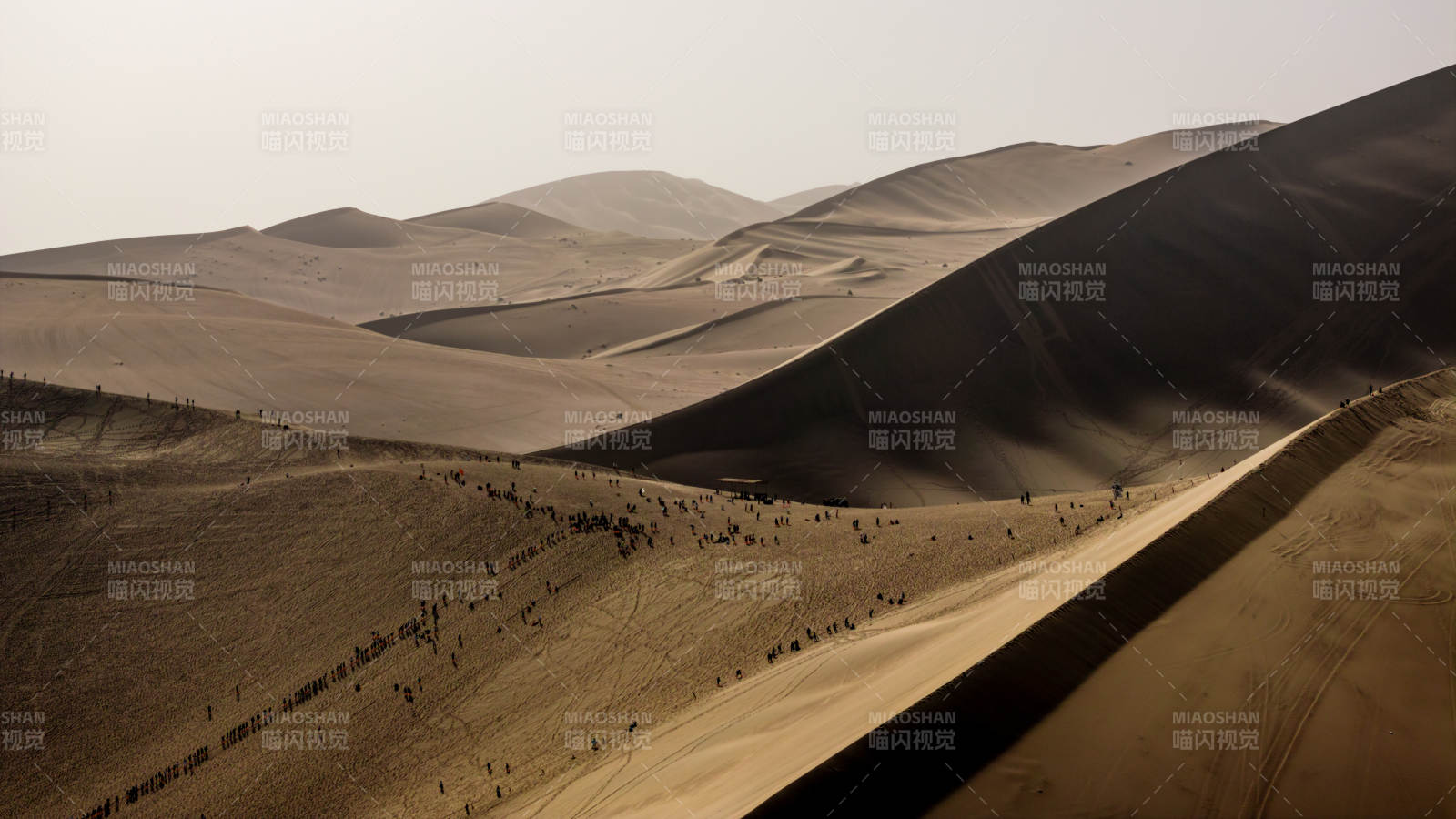 壮阔沙漠光影线条沙丘景观鸣沙山游客人群图片