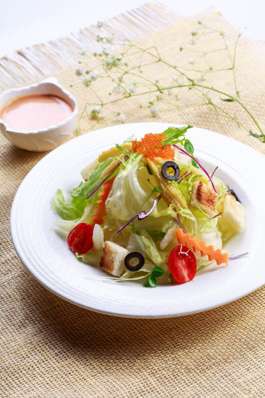 白色瓷盘装的田园时蔬拌菜沙拉图片