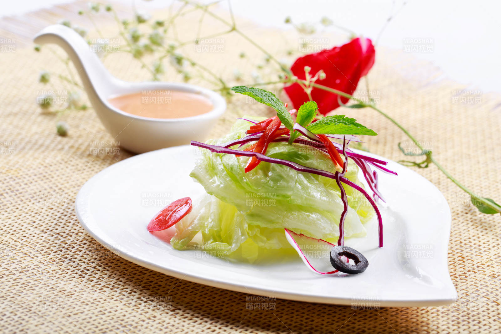 白色瓷盘装的田园时蔬拌菜沙拉图片