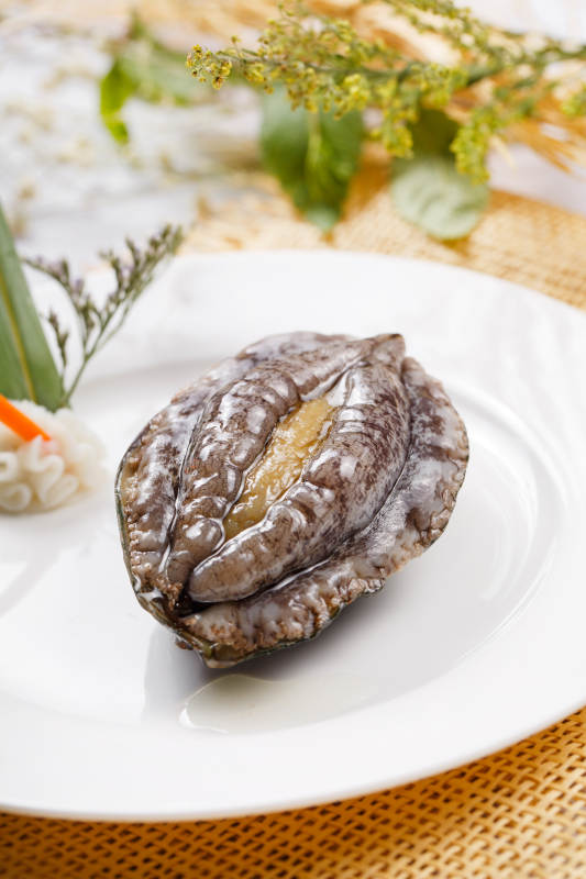 圆形瓷盘装的生鲜活鲍鱼摆放在草垫上图片