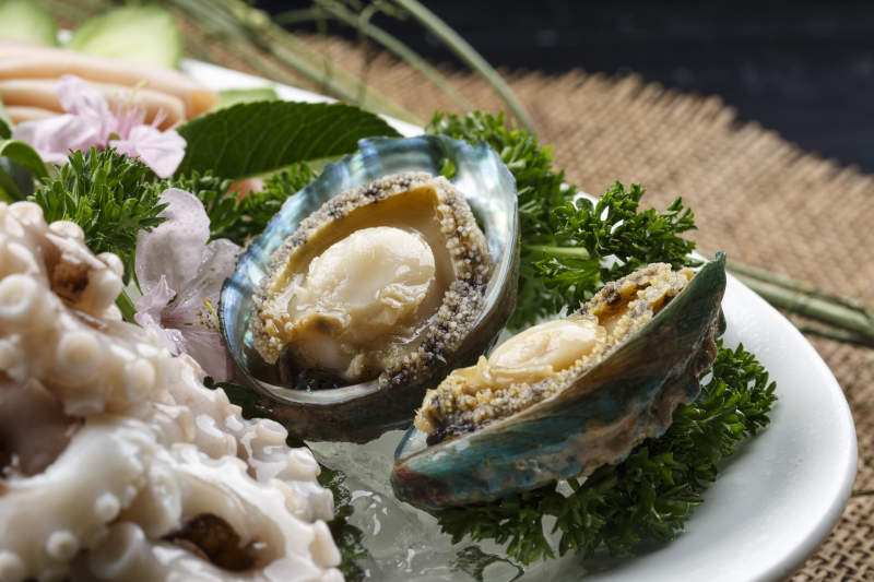 椭圆形白瓷盘装的胶东海鲜刺身拼盘图片