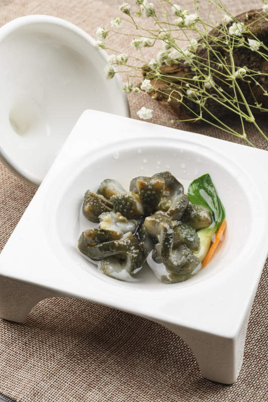 白色方形瓷盘装的海鲜冲浪活海参海参刺身图片