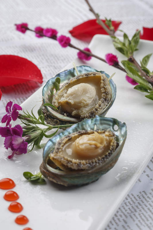 长方形白瓷盘装的海鲜刺身活鲍鱼图片