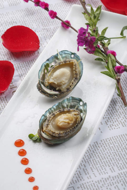 长方形白瓷盘装的海鲜刺身活鲍鱼图片