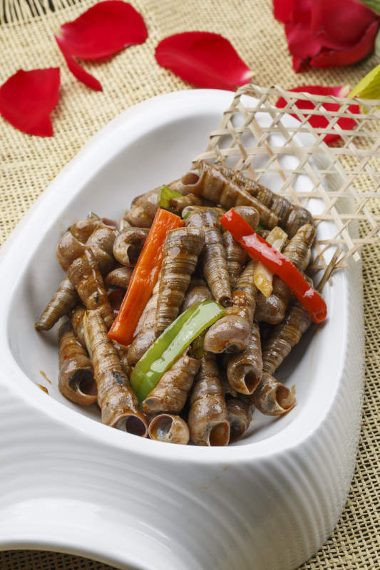 异形白瓷盘装的海鲜辣炒珍螺钉子螺图片