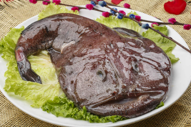 白色椭圆瓷盘装的深海魔鬼鱼图片