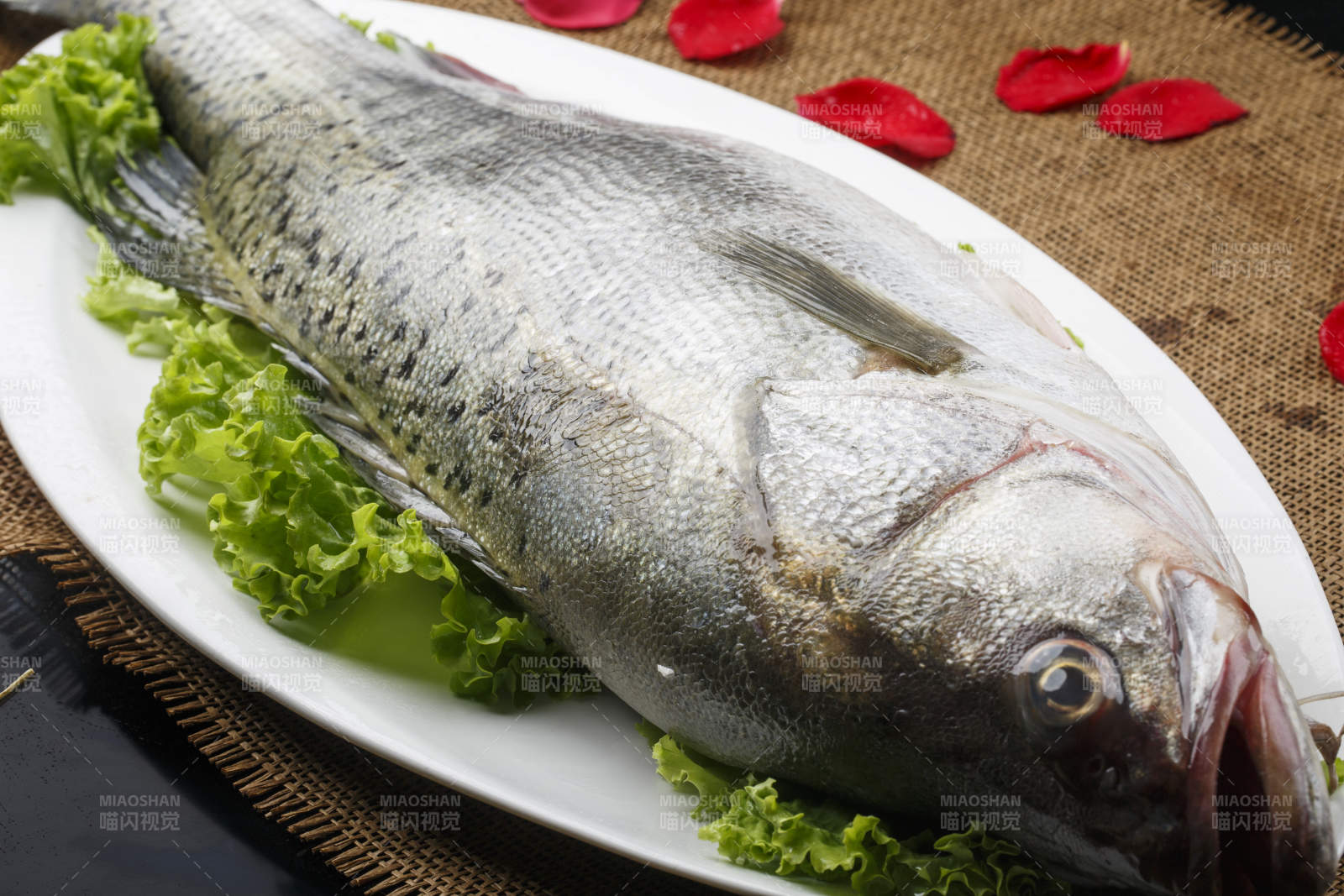 白色椭圆瓷盘装的新鲜河鲈鱼图片