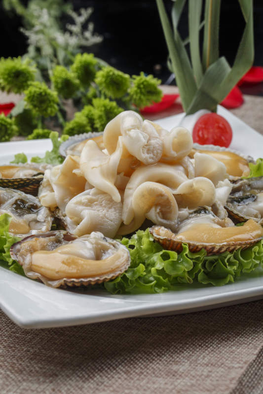 白色瓷盘装的刺身天鹅蛋图片