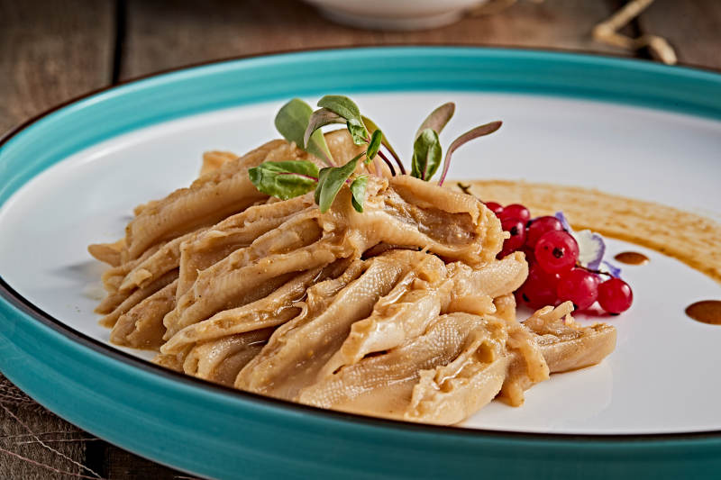 精美瓷餐具装的芥末百花炖鸭掌图片