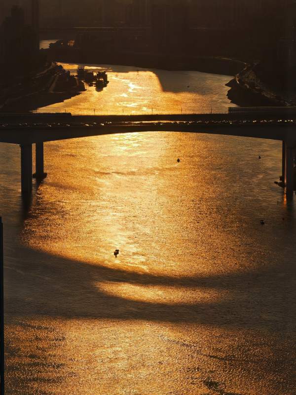 金光映河桥影图片