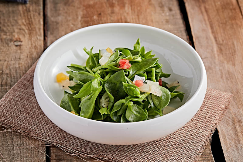 白色瓷盘装的的水果粒炝拌穿心莲图片