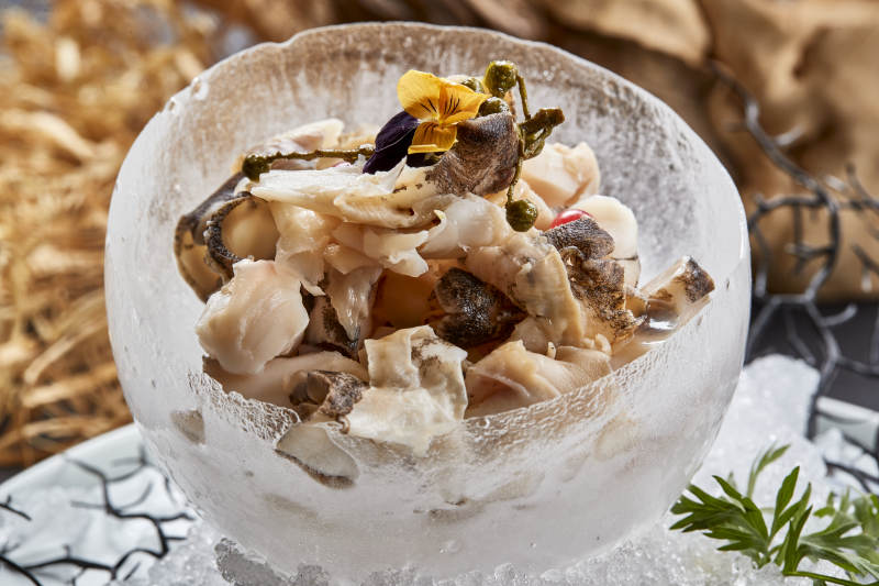 冰制作的餐具器皿装的大海螺肉温拌螺头图片