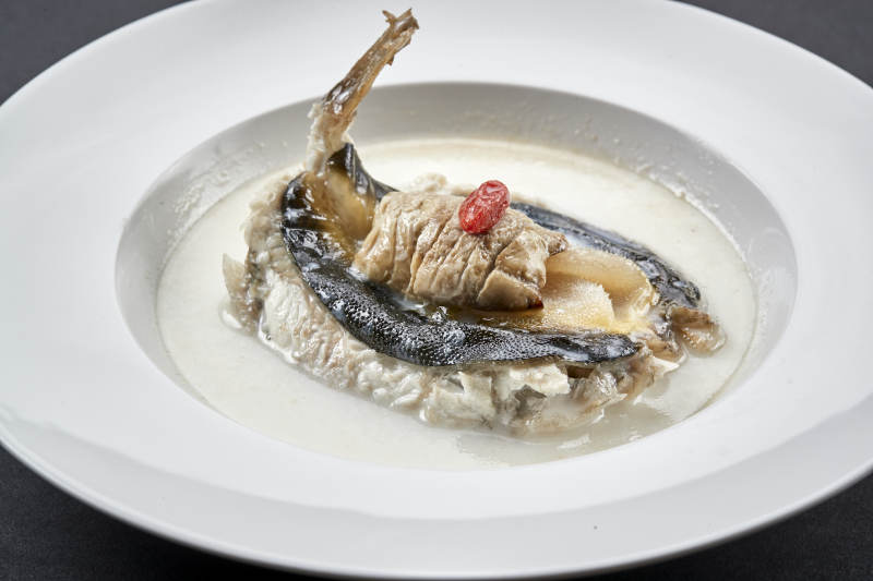 白色圆瓷盘装的时尚位菜奶汤炖小河豚图片