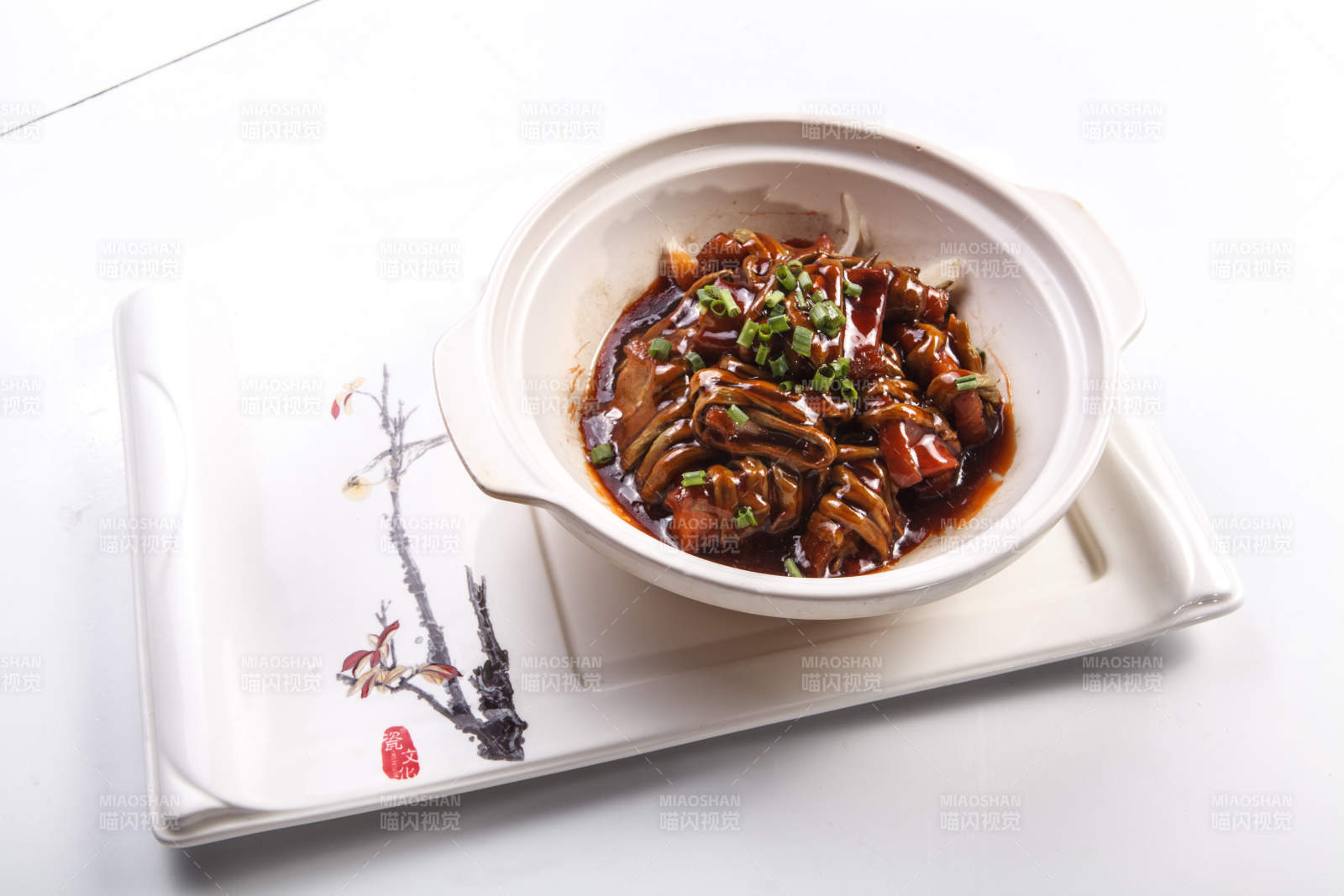 白背景上的砂锅酱焖豆角丝烧肉图片