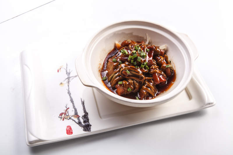 白背景上的砂锅酱焖豆角丝烧肉图片