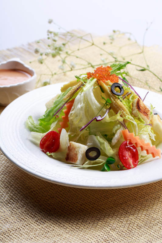 白色瓷盘装的田园时蔬拌菜沙拉图片