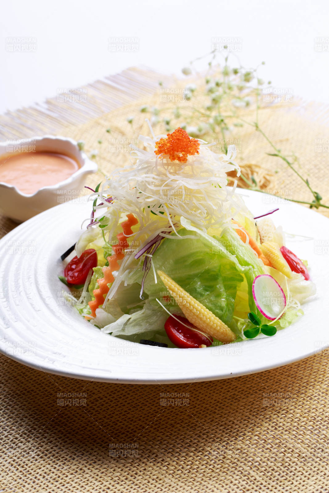 白色瓷盘装的田园时蔬拌菜沙拉图片