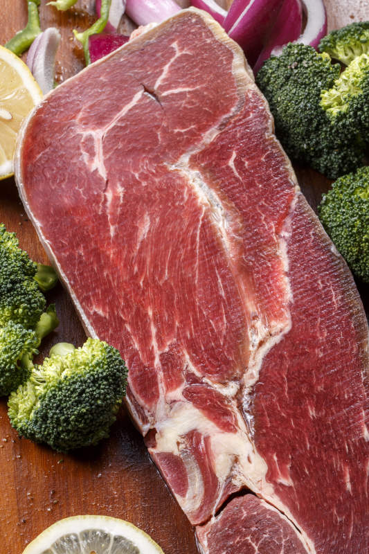 牛肩胛三角肉摆放在木质砧板上图片