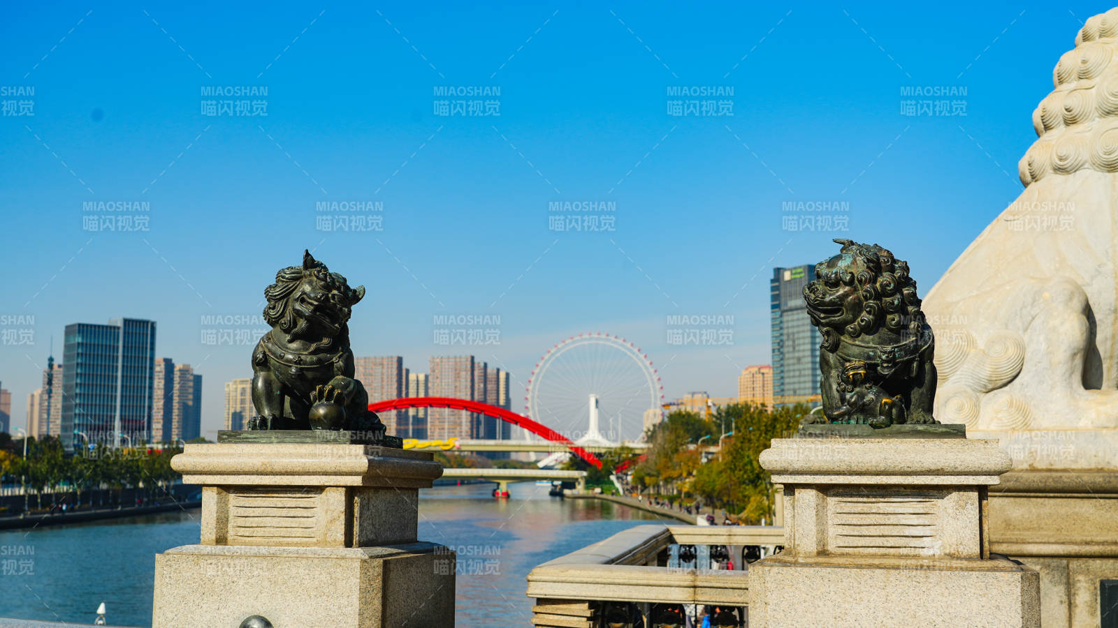 天津之眼与石狮巧妙同窗图片
