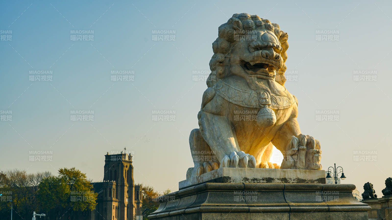 天津狮子林桥石狮守望晨光图片