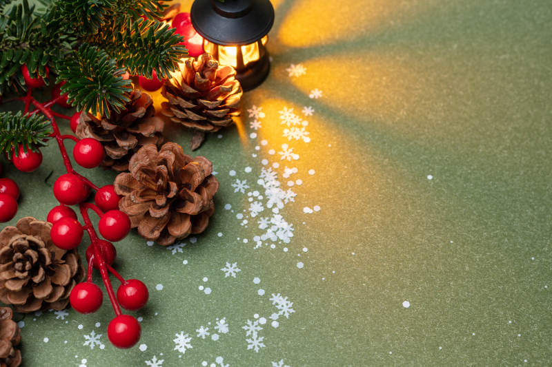 圣诞松果与红果装饰背景图片