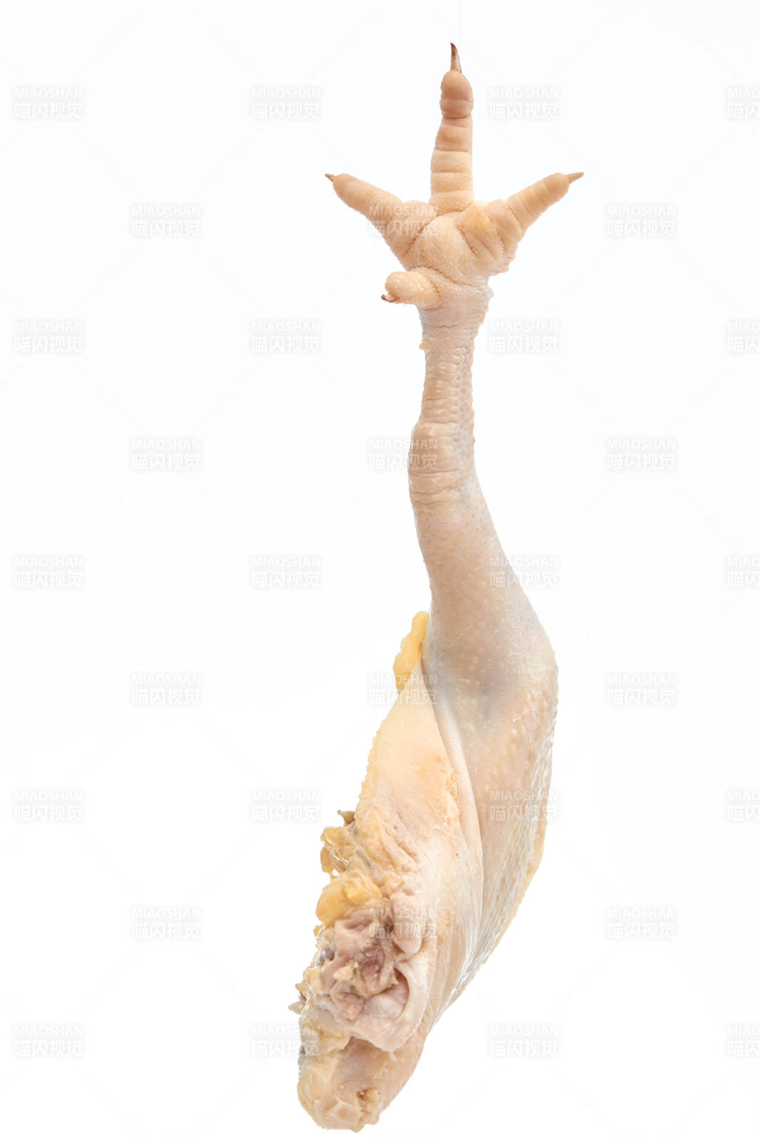 摆放在白色背景上分切好的生鲜鸡腿图片