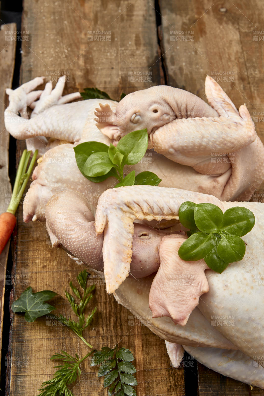 摆放在白色背景上的生鲜鸡肉整鸡图片