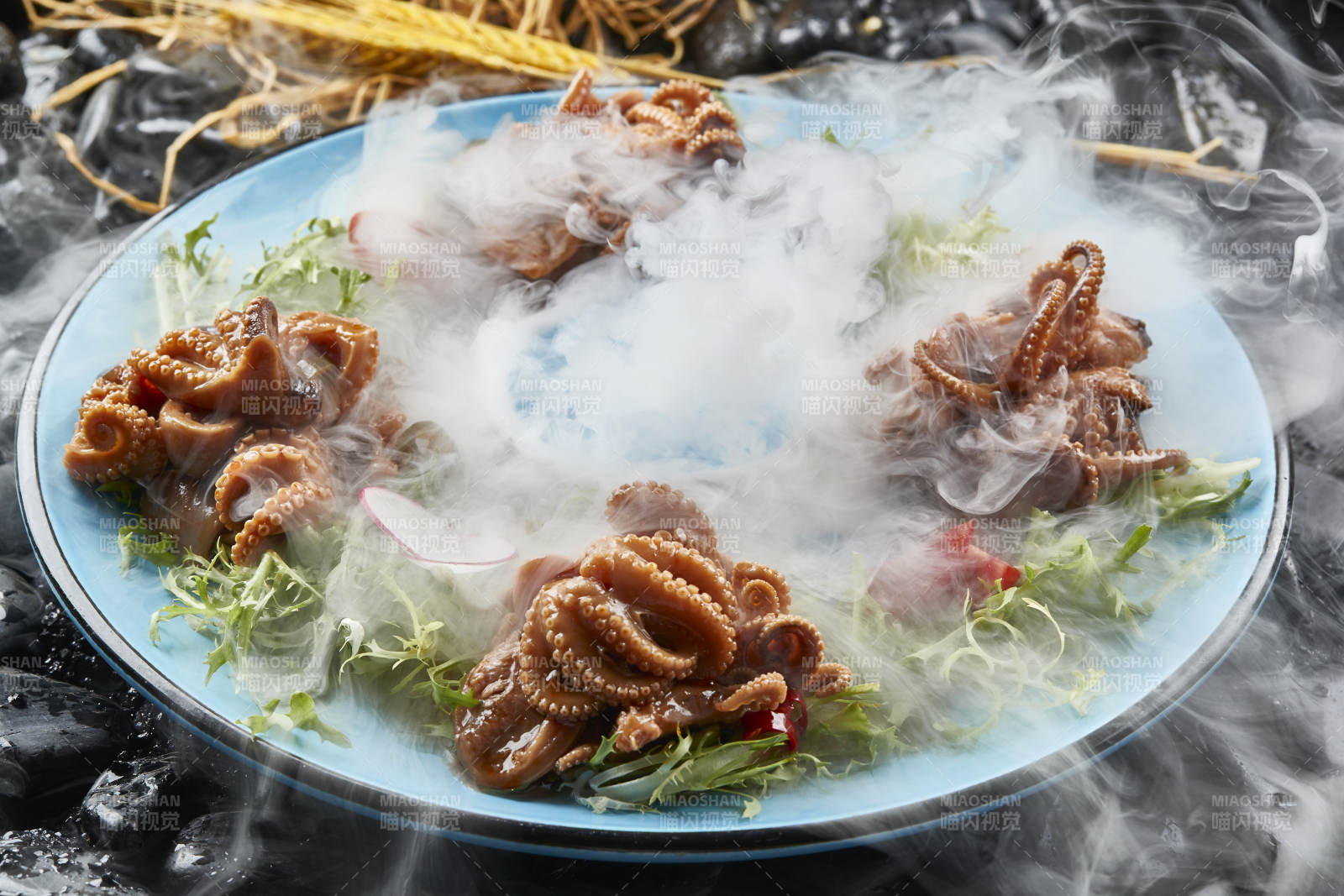 布满干冰的餐具装的酱焖小八爪章鱼图片