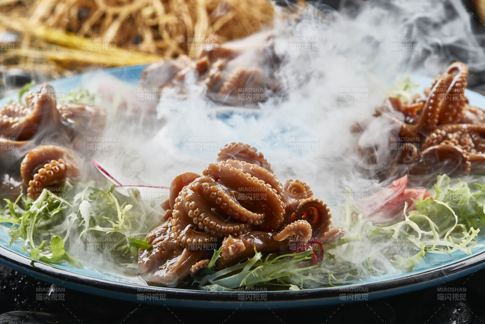 布满干冰的餐具装的酱焖小八爪章鱼图片