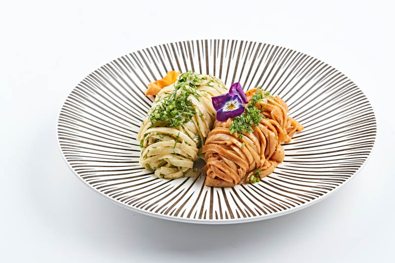 精美瓷餐具装的双味双色荞麦面图片