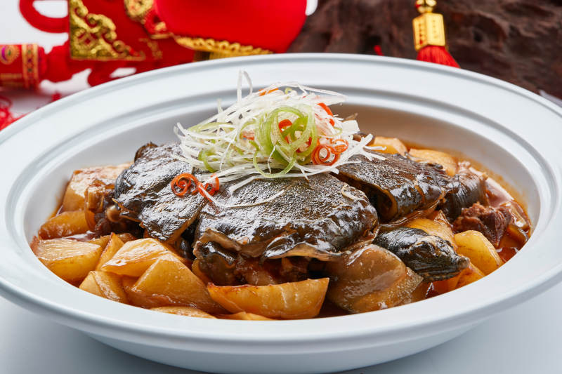 白色砂锅装的滋补萝卜炖甲鱼图片