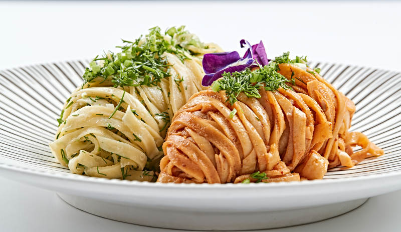 精美瓷餐具装的双味双色荞麦面图片