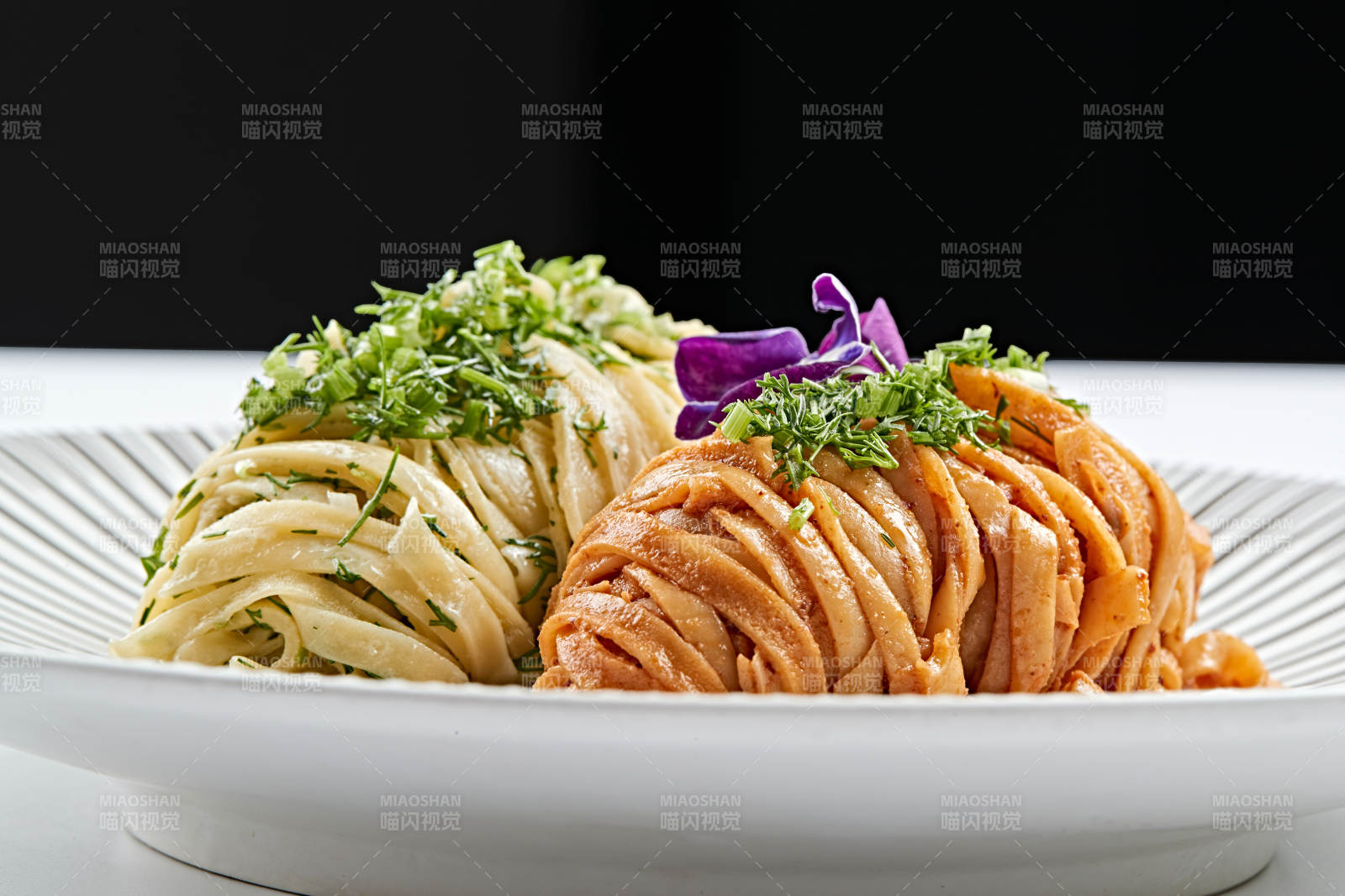 精美瓷餐具装的双味双色荞麦面图片