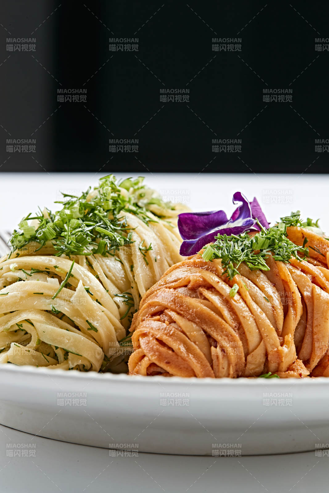 精美瓷餐具装的双味双色荞麦面图片