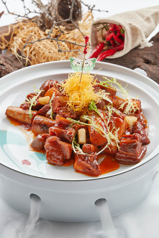 精美瓷餐具装的红烧带皮驴肉铁棍山药图片