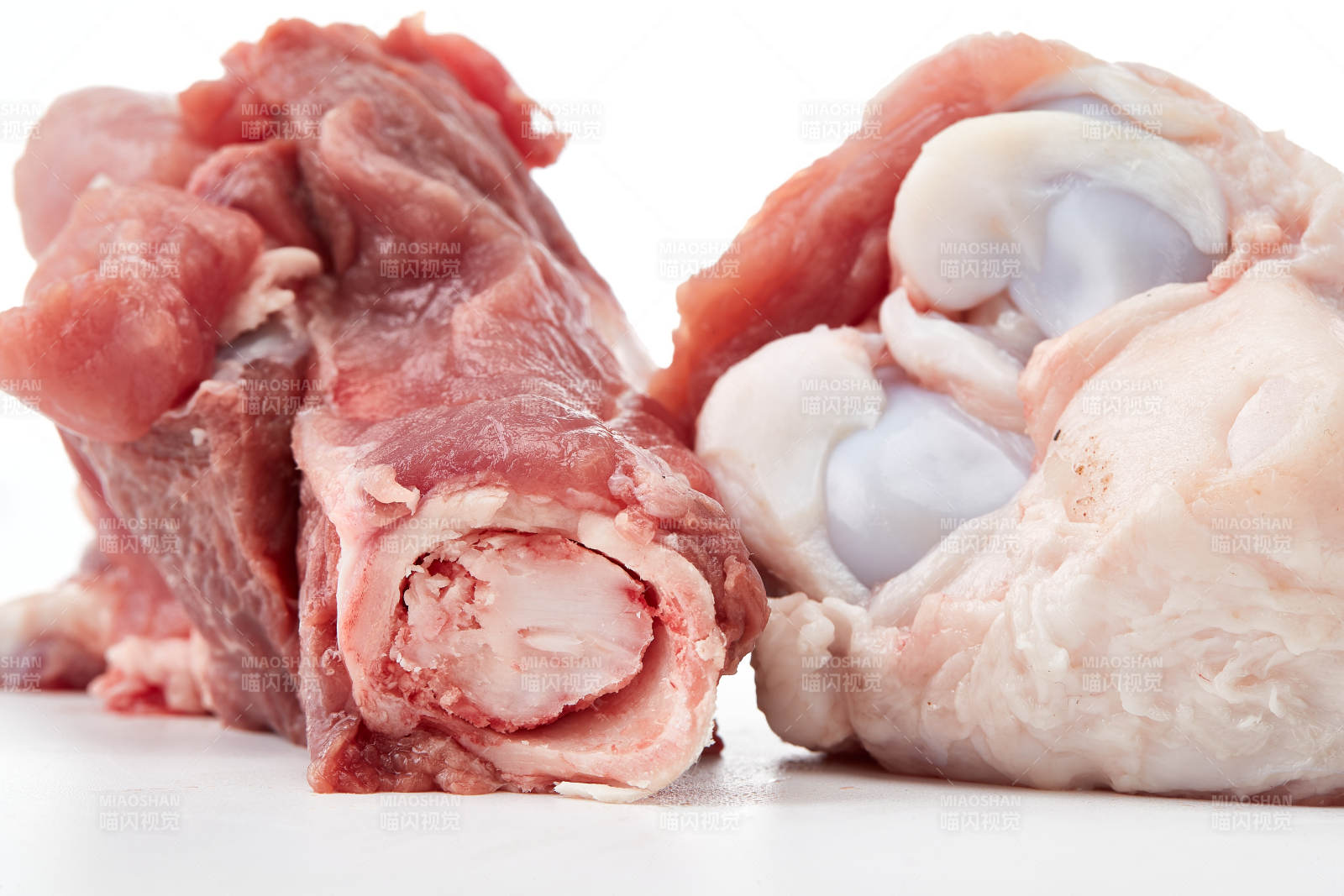 白色背景下的生鲜猪棒骨图片
