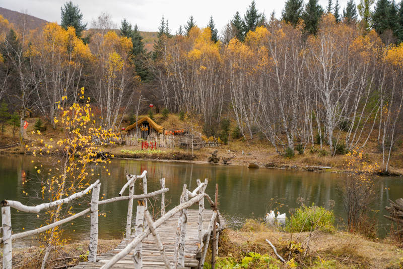 秋天湖边木桥静景图片