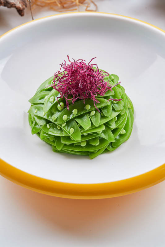 精美瓷餐具装的心里美萝卜丝配腌蜜豆图片