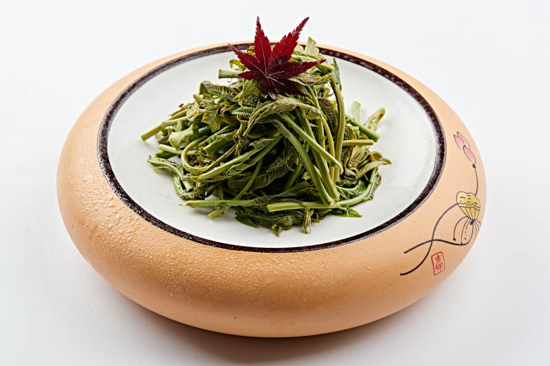 精美餐具装的焯水鲜香椿图片