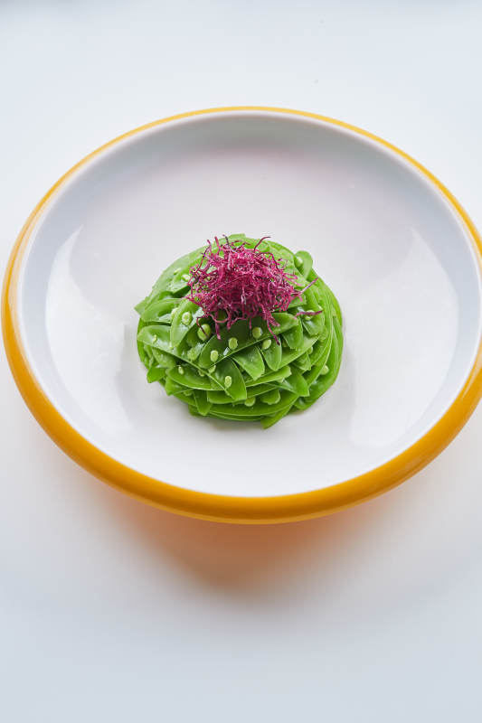 精美瓷餐具装的心里美萝卜丝配腌蜜豆图片